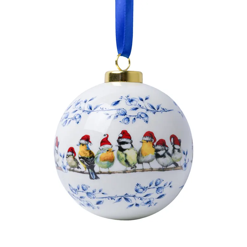 Heinen Delfts Blauw Kerstbal Bosvogels kerstmuts