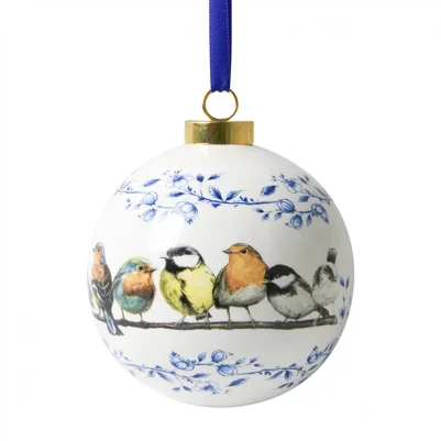 Heinen Delfts Blauw kerstbal bosvogels